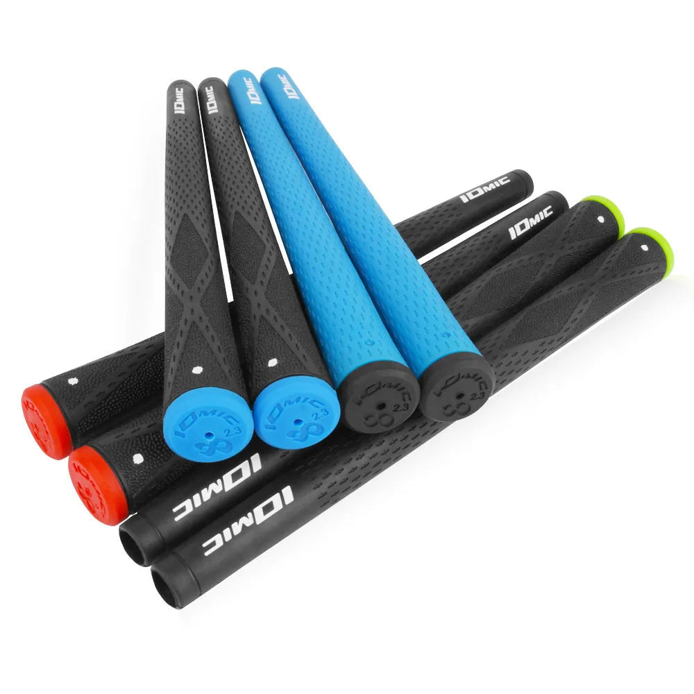 TPE golf club grip showing non-slip texture, available in multiple colours including pink, red, blue, white, and black combinations