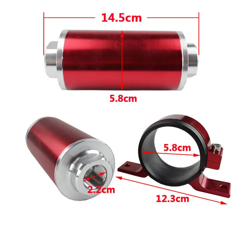 Aluminium universal petrol fuel filter bracket with magnet in choice of six colours.