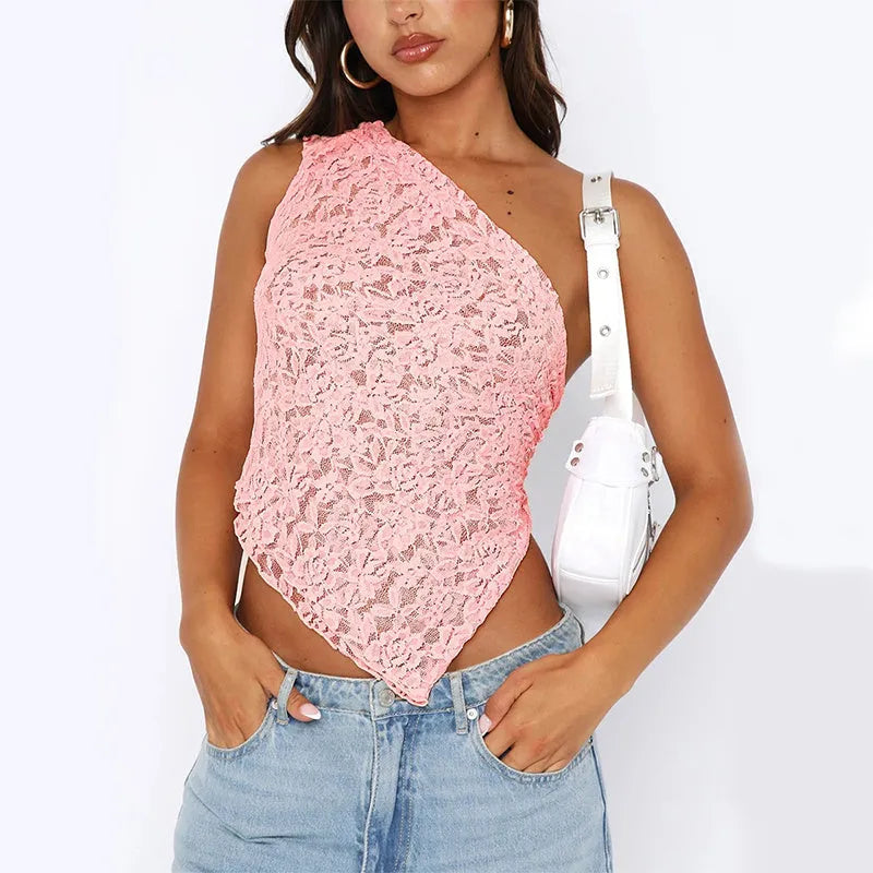 Women's backless vest with asymmetrical neckline and lace detailing in solid colour