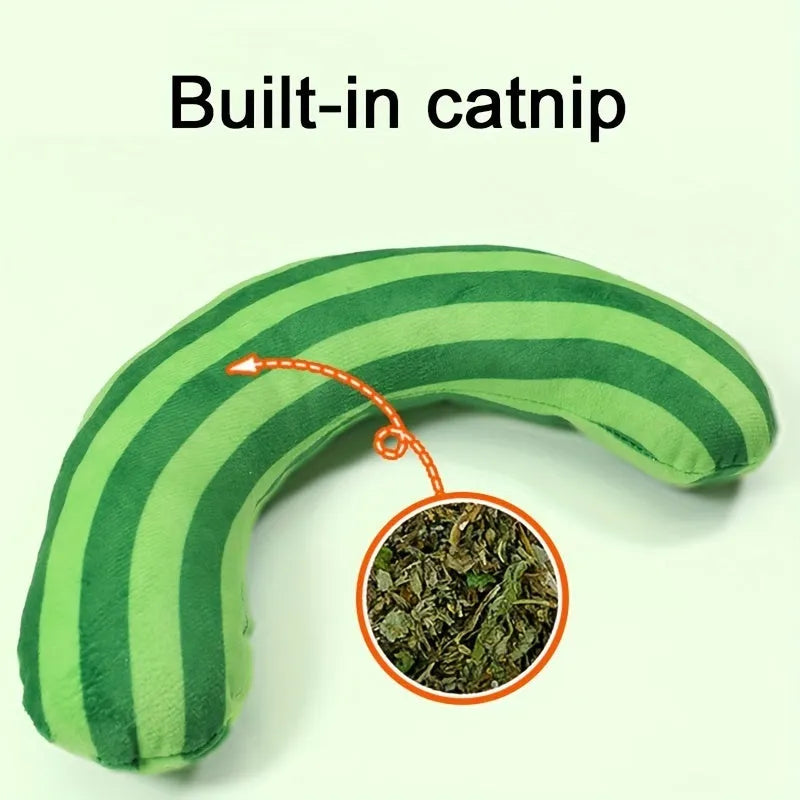 Striped pattern cat pillow toy with built-in catnip strip in green, rainbow, or yellow colour, measuring 23cm by 20cm