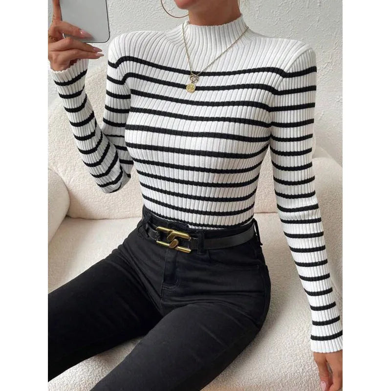 White long sleeve turtleneck sweater with sunken stripe pattern, slim fit thick acrylic pullover for women