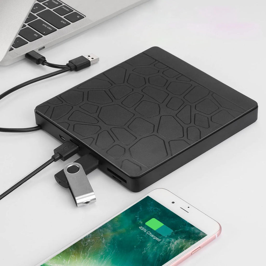 Black external optical drive with dual USB connectors for notebook computers