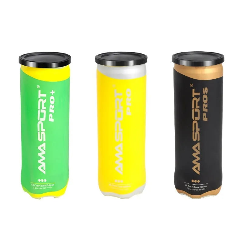 Three cage plate tennis training balls in black, green, and yellow colours for high elasticity durable practice.