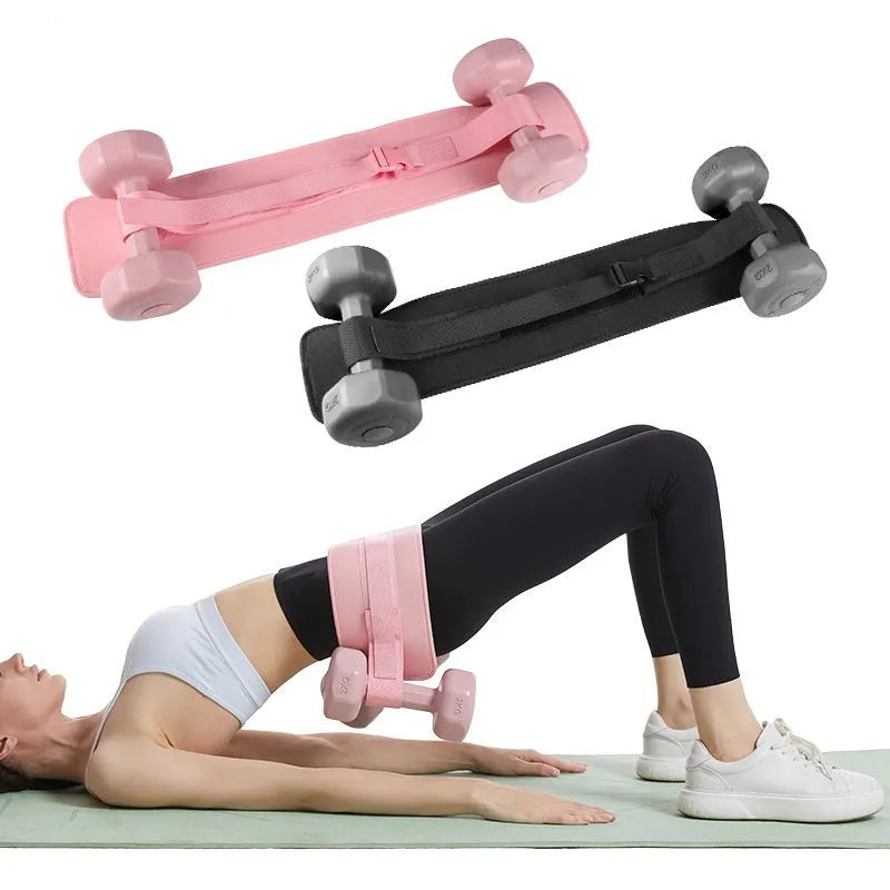 Black or Pink hip bridge training strap for lumbar support with dumbbells and barbells.