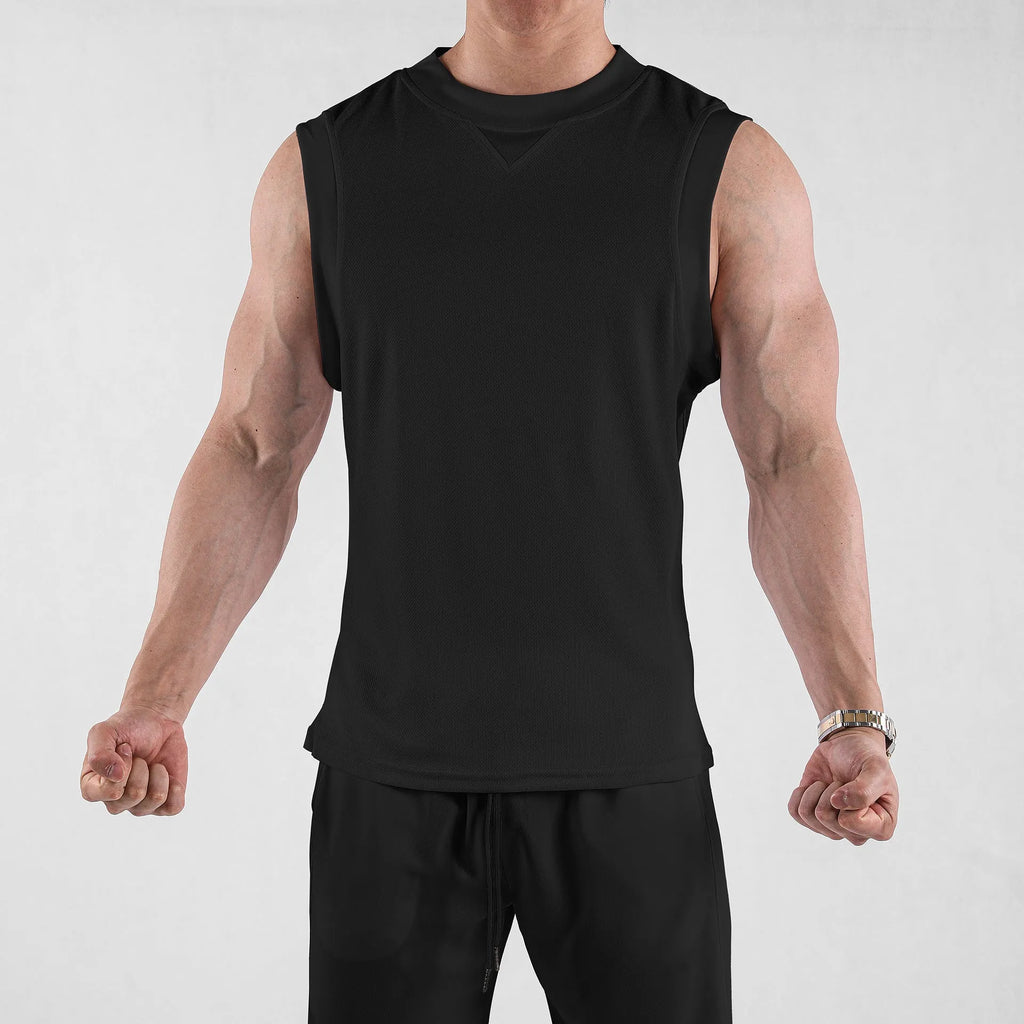 A man's loose-fit black sports vest made from a soft, quick-dry polyester blend fabric.