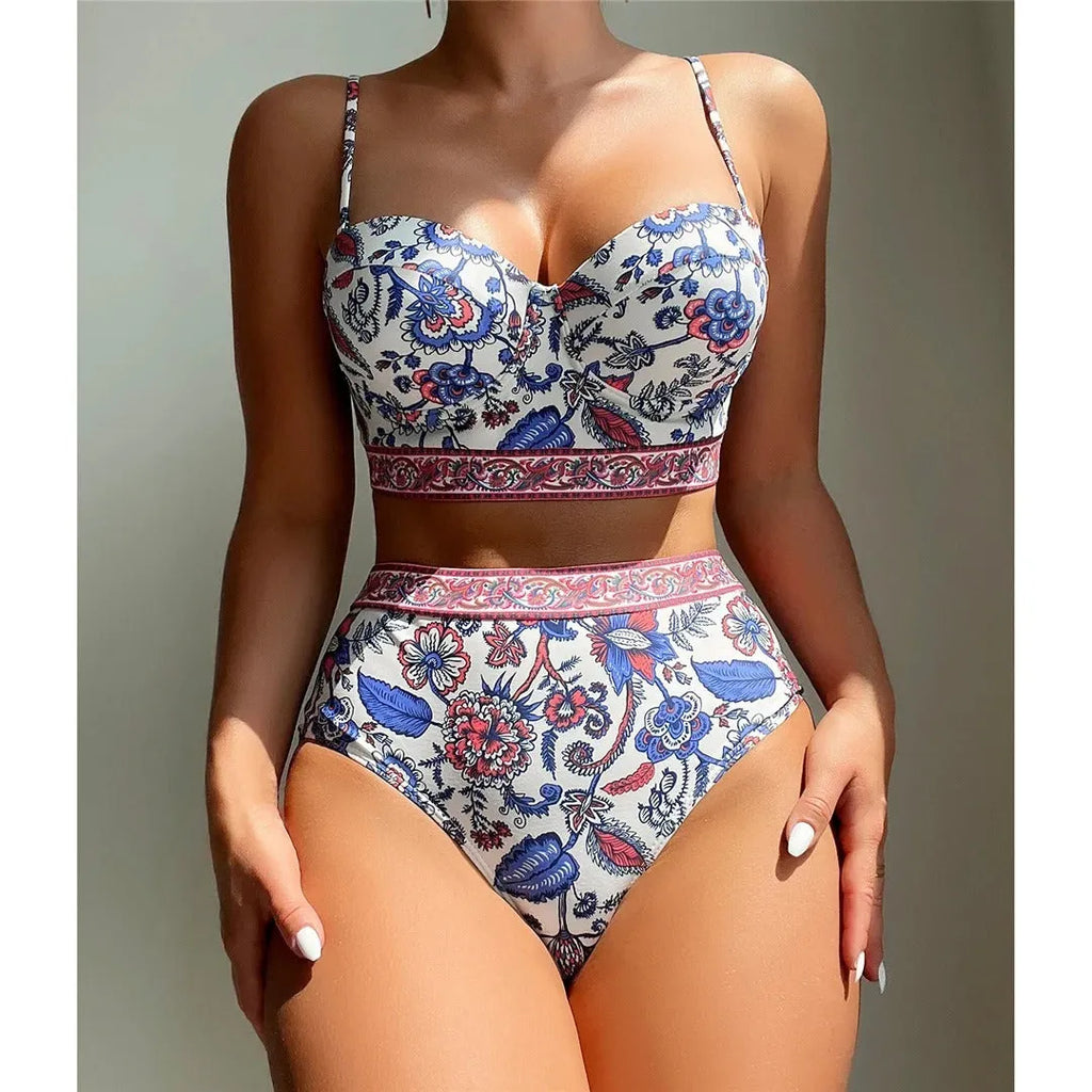 Blue women's high waist push-up bikini swimsuit with polyester fabric for swimming activities