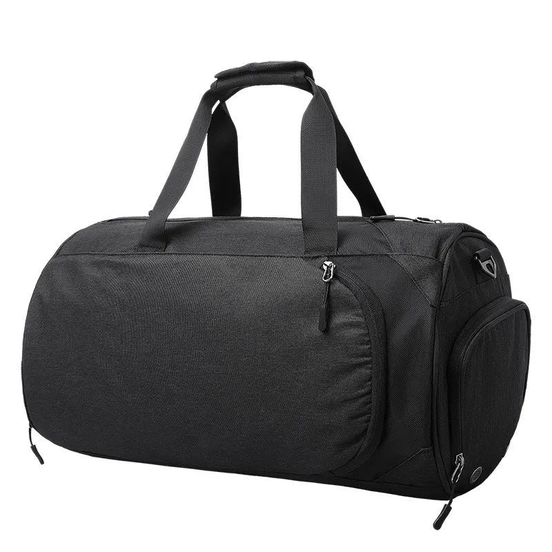 Oval travel bag in light grey with multiple internal compartments showing wet-dry separation feature