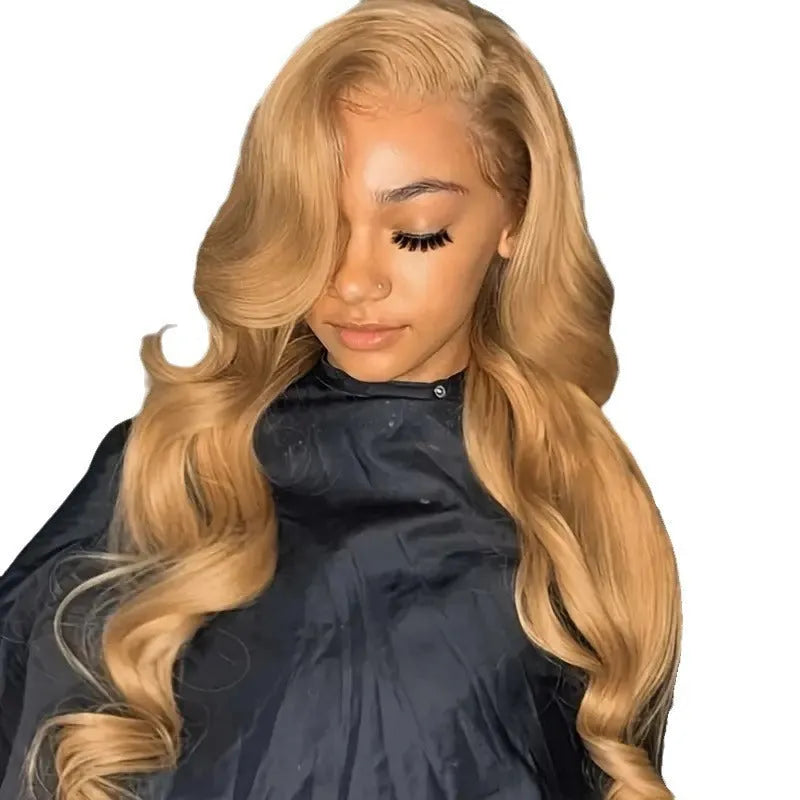 Golden big wave synthetic wig with long curly hair and side bangs in light brown colour