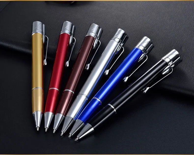 Windproof metal pen lighter with keychain in six colours, showing slim 14mm design for outdoor use