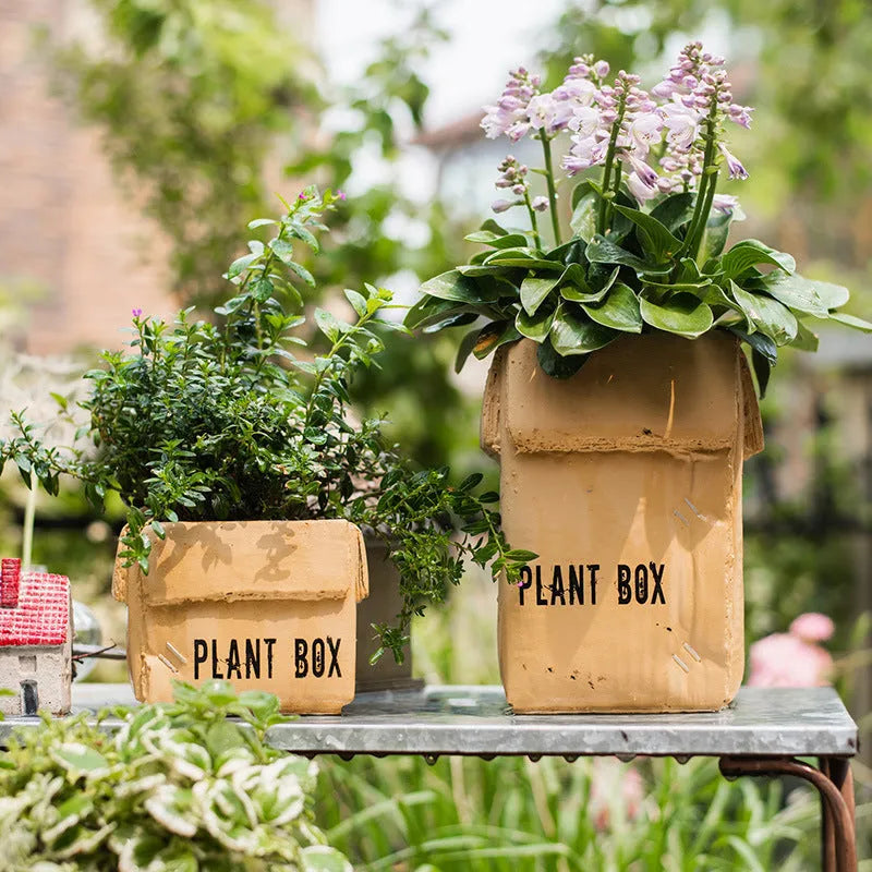 Cement brown paper box flowerpot with Nordic style design and bottom drainage holes for indoor planting