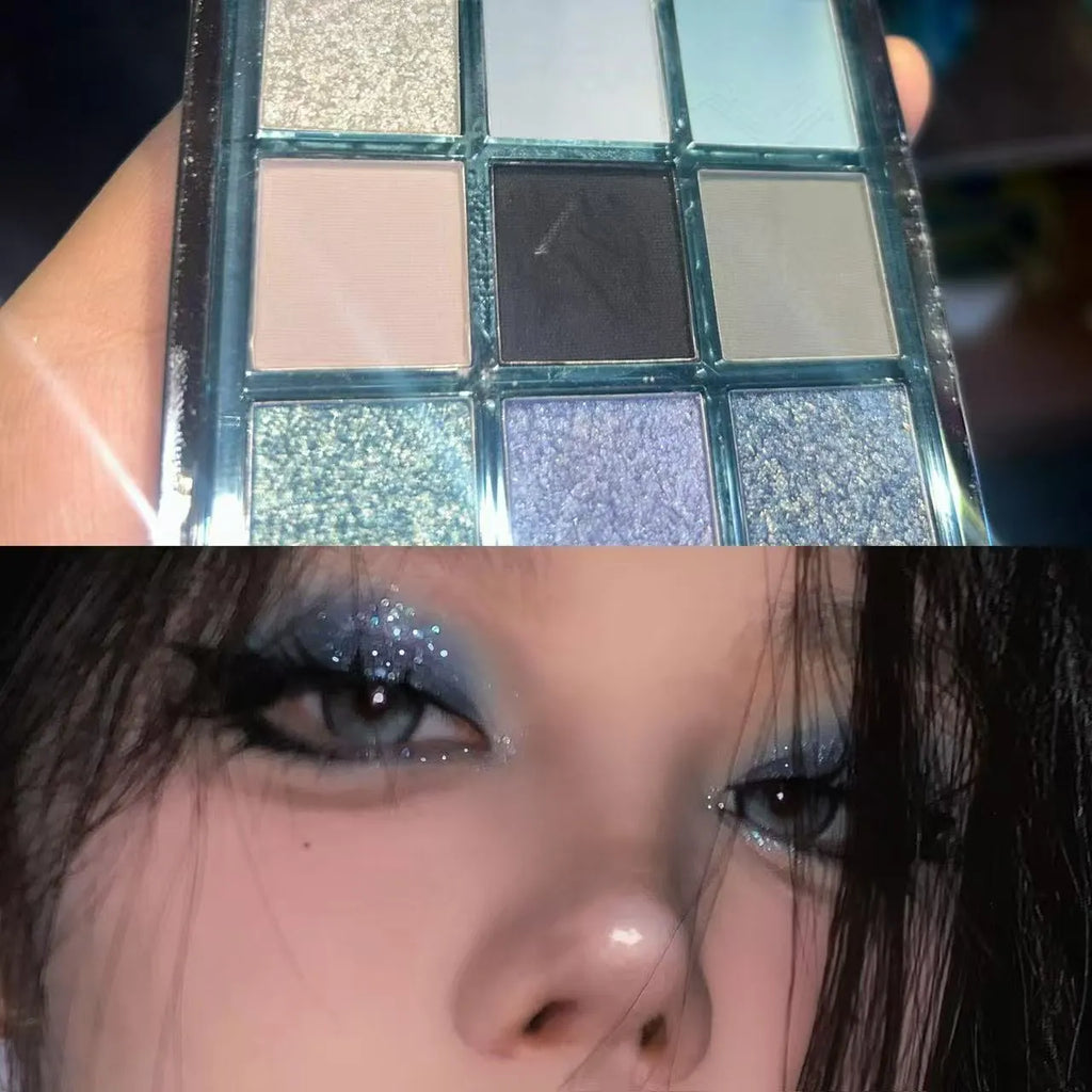 MUGELEEN nine-colour eye shadow palette showing low saturation ice permeable blue and smoked shades with matte and shimmer textures