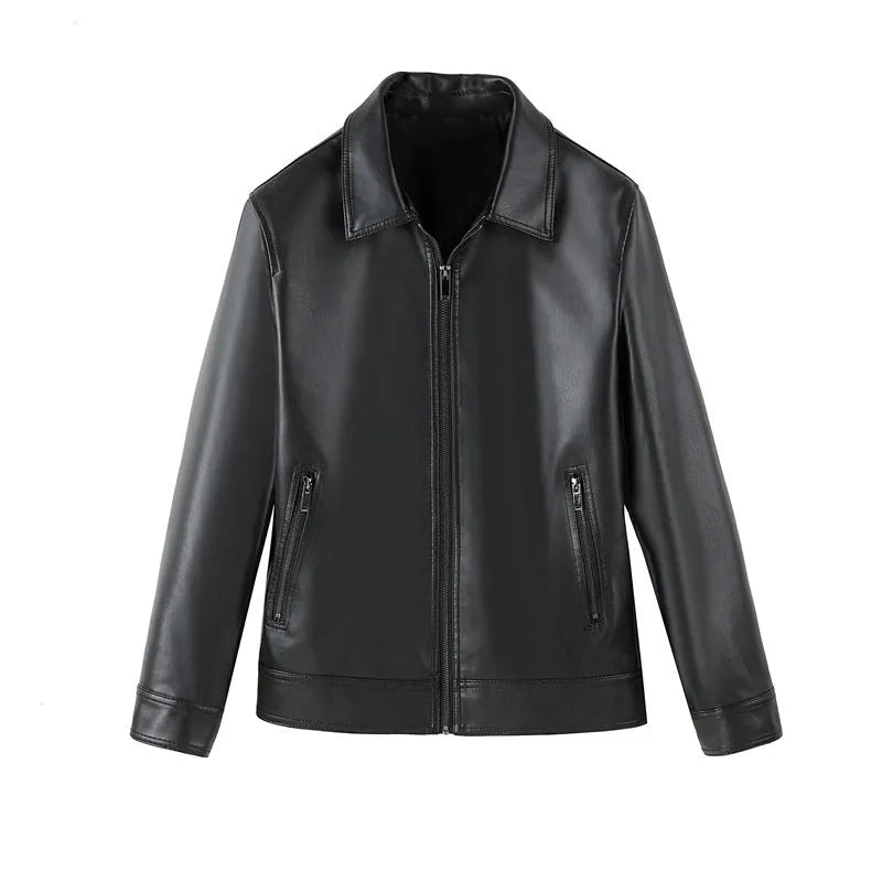 Men's black PU leather jacket with windproof design, loose fit, and zipper pockets, shown in a casual setting.