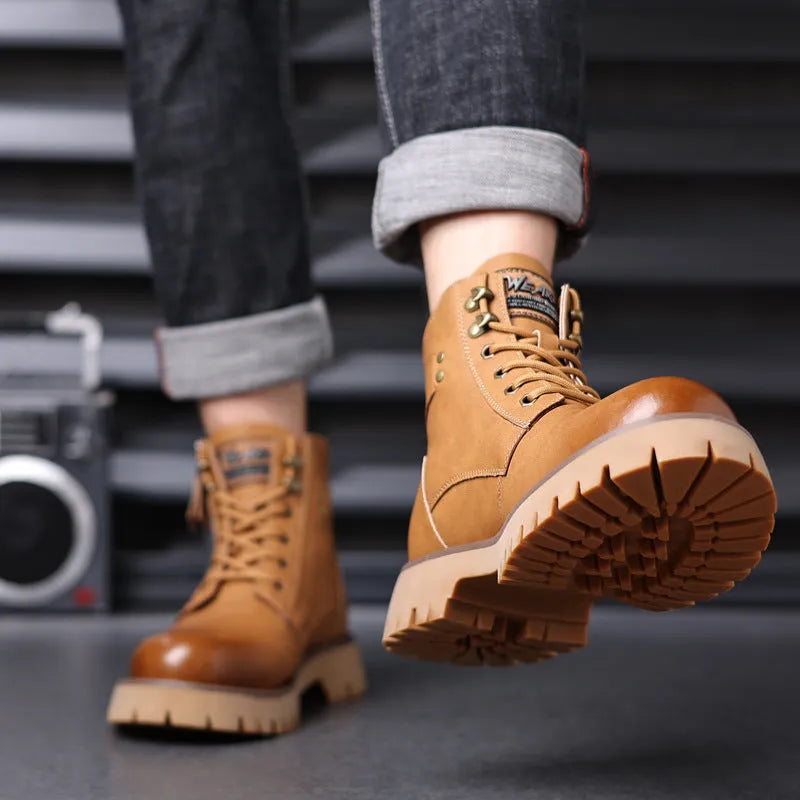 Men's brown leather high-top boots with side zipper and 3-5cm heel, showing round toe and mid-calf length