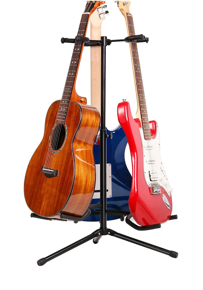 Black iron double-headed adjustable guitar stand holding two guitars with 360-degree rotating heads