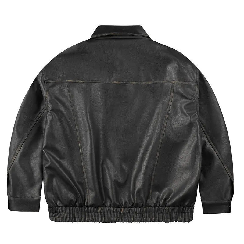 Retro faux leather coat for men and women, loose fit, long sleeve, black or brown, sizes M to XXL
