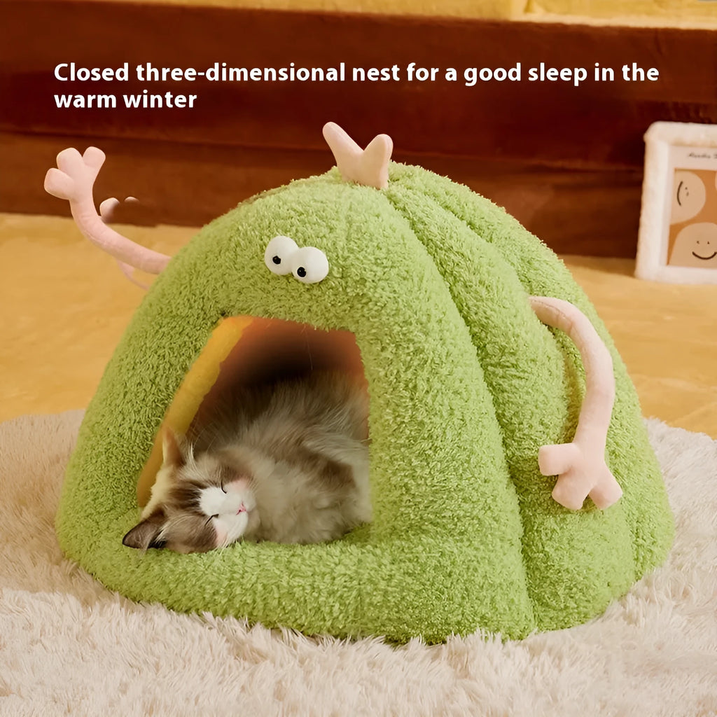 Monster-shaped cat kennel bed in green colour made from PP cotton bubble velvet