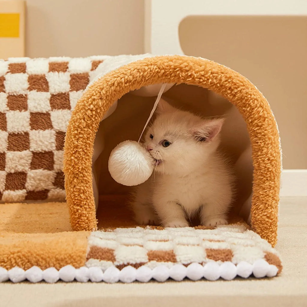 Fan-shaped plush pet bed with tunnel in coffee or yellow, sizes 60cm or 80cm, anti-slip base