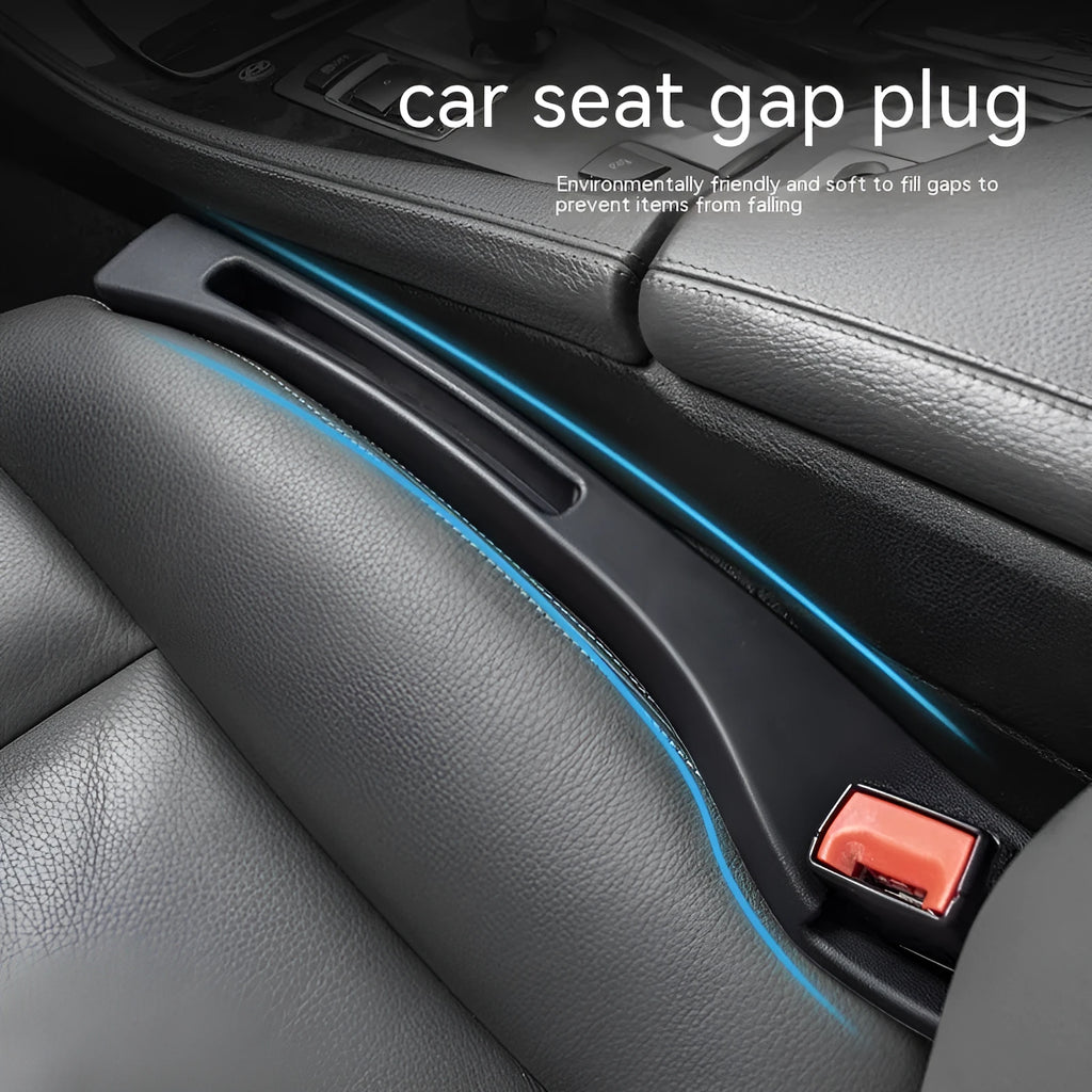 Black plastic storage box with handle placed in car seat gap.