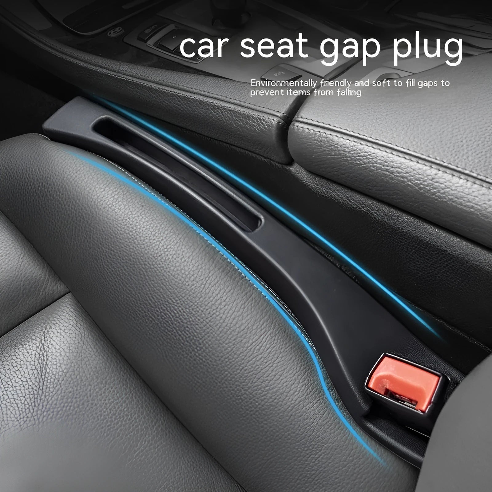 Black plastic storage box with handle placed in car seat gap.