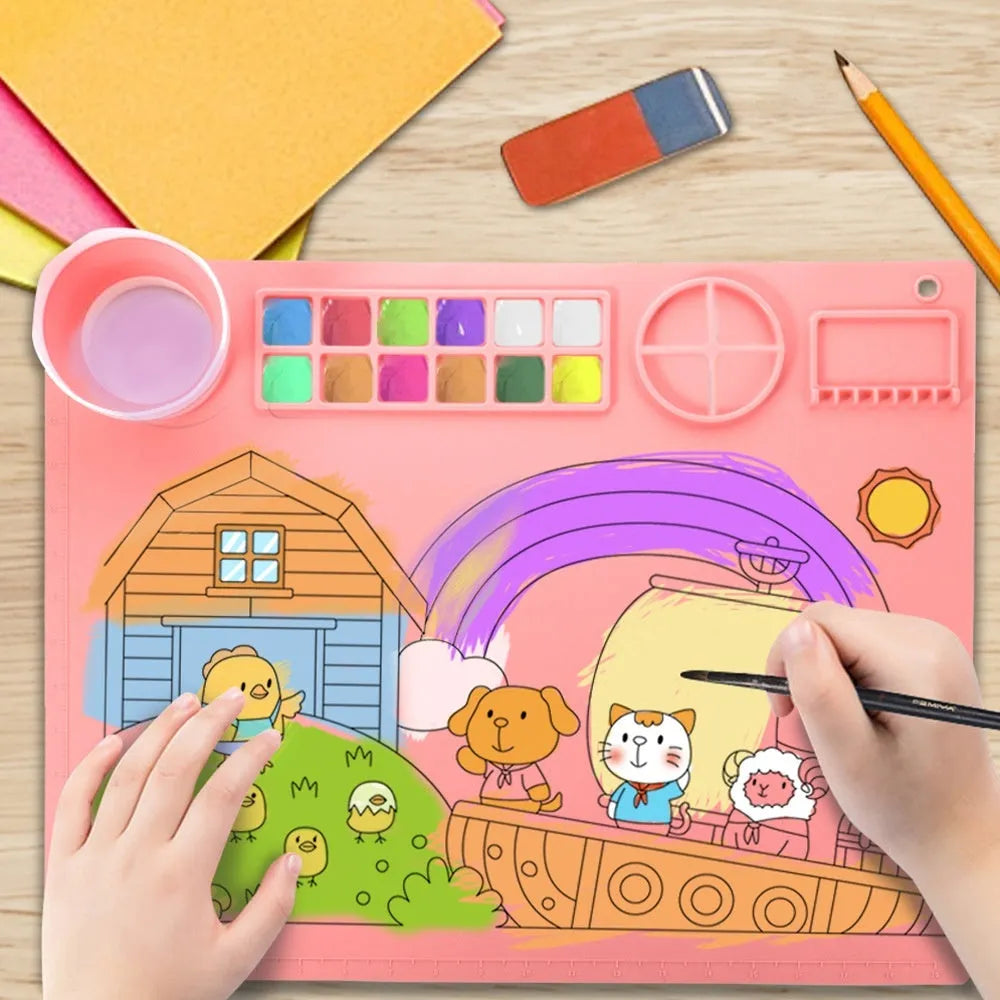 Silicone double bowl painting mat measuring 50 by 40 centimetres for watercolour art