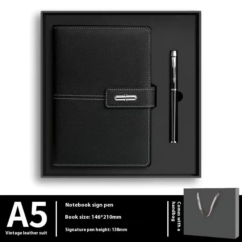 A5 notebook with imitation leather cover in various colours, open to show wood-free paper pages