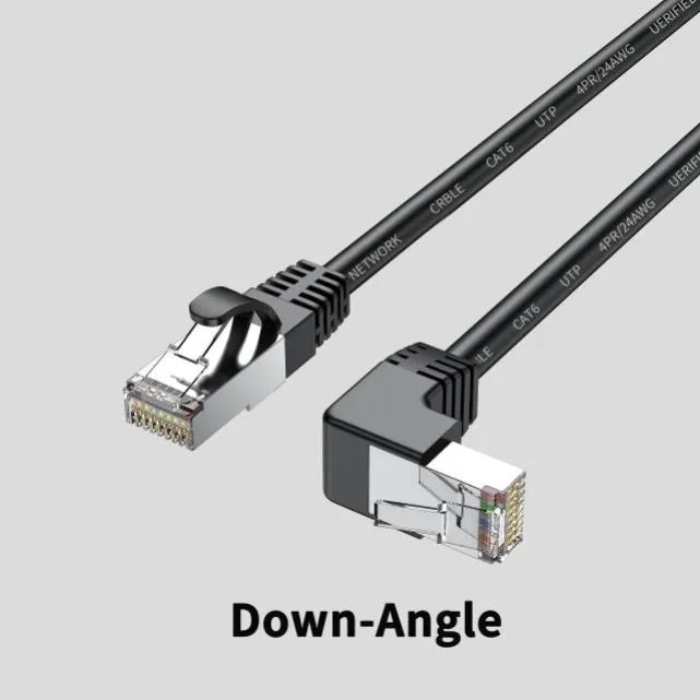 Cat6 Ethernet cable with right-angle RJ45 connectors in black, showing metal construction and length options for network setups