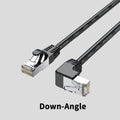 Cat6 Ethernet cable with right-angle RJ45 connectors in black, showing metal construction and length options for network setups