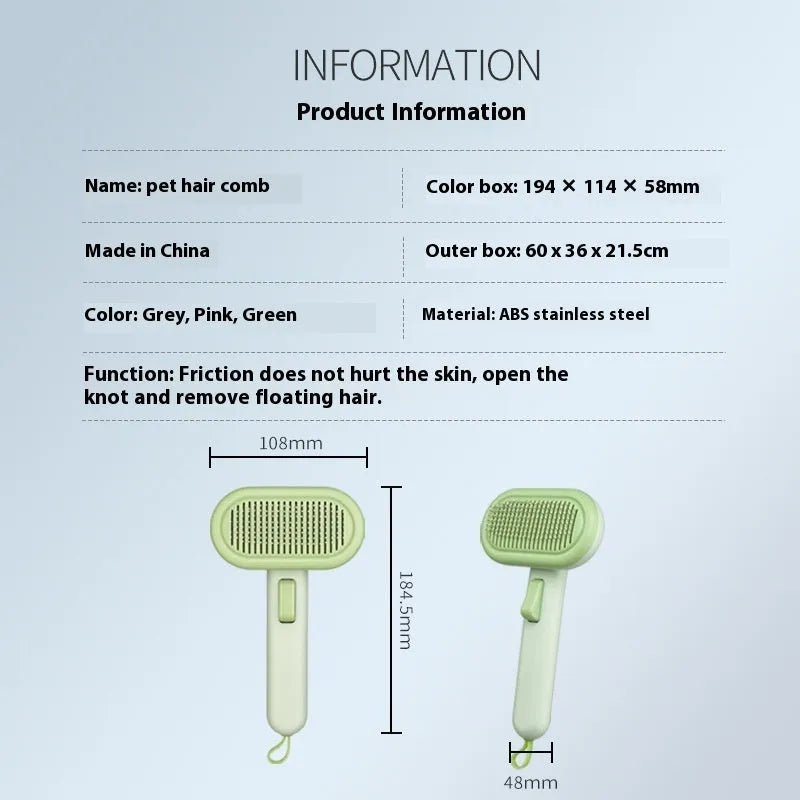 Light green pet grooming comb with stainless steel blades for cat and dog hair removal