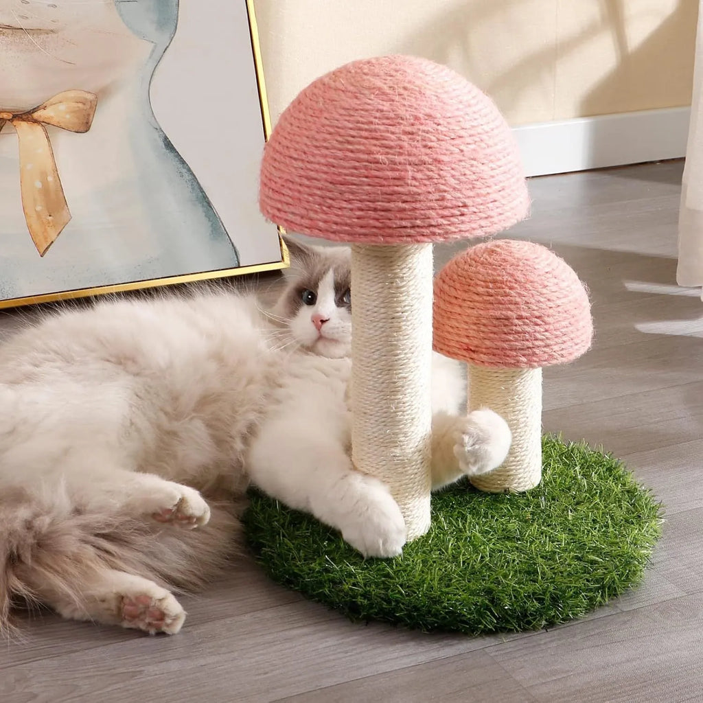 Pink mushroom-shaped cat scratching post with natural sisal caps and pole for small cats