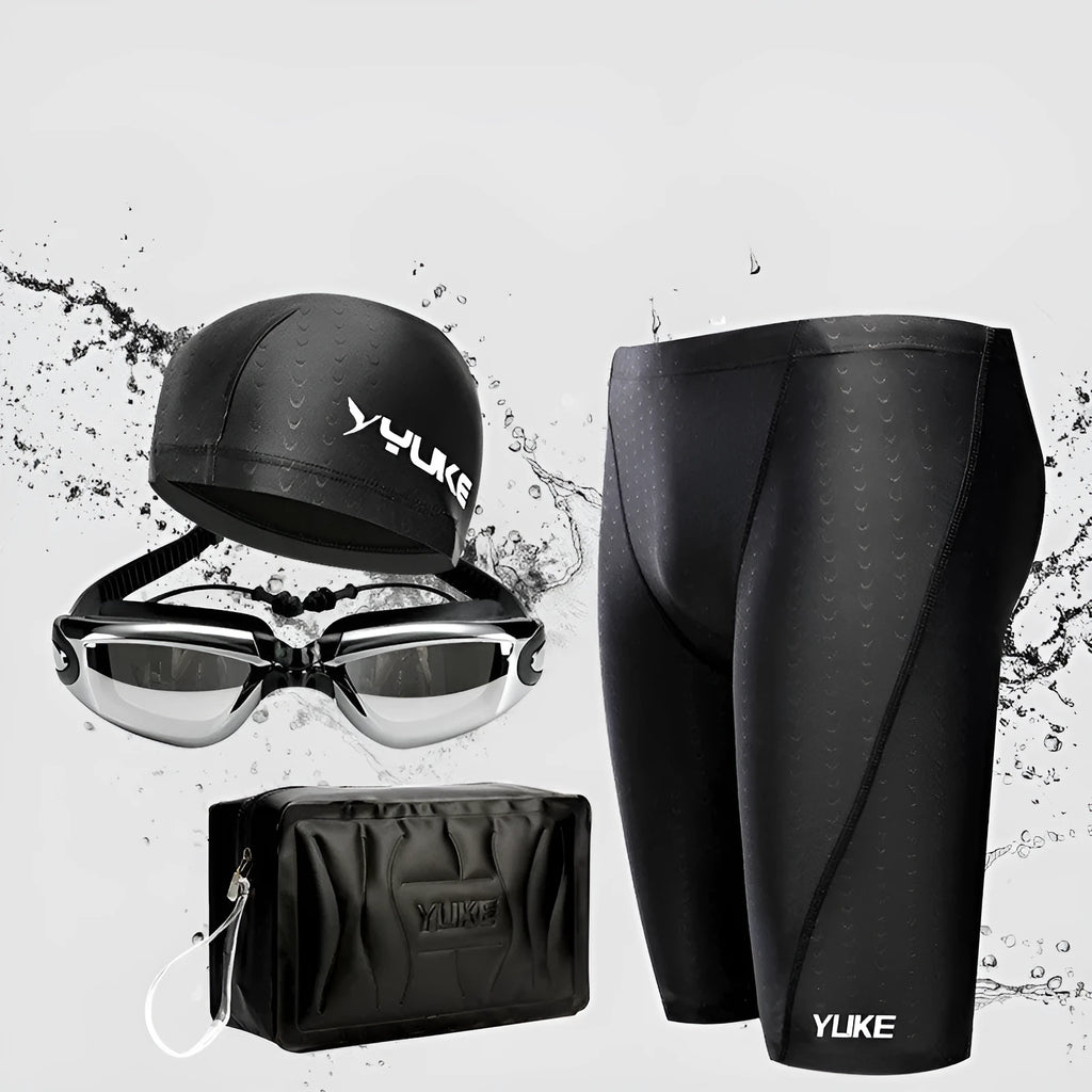 Men's black swimming set with briefs, goggles, cap, ear plugs, nose clip, and a carry bag laid out.