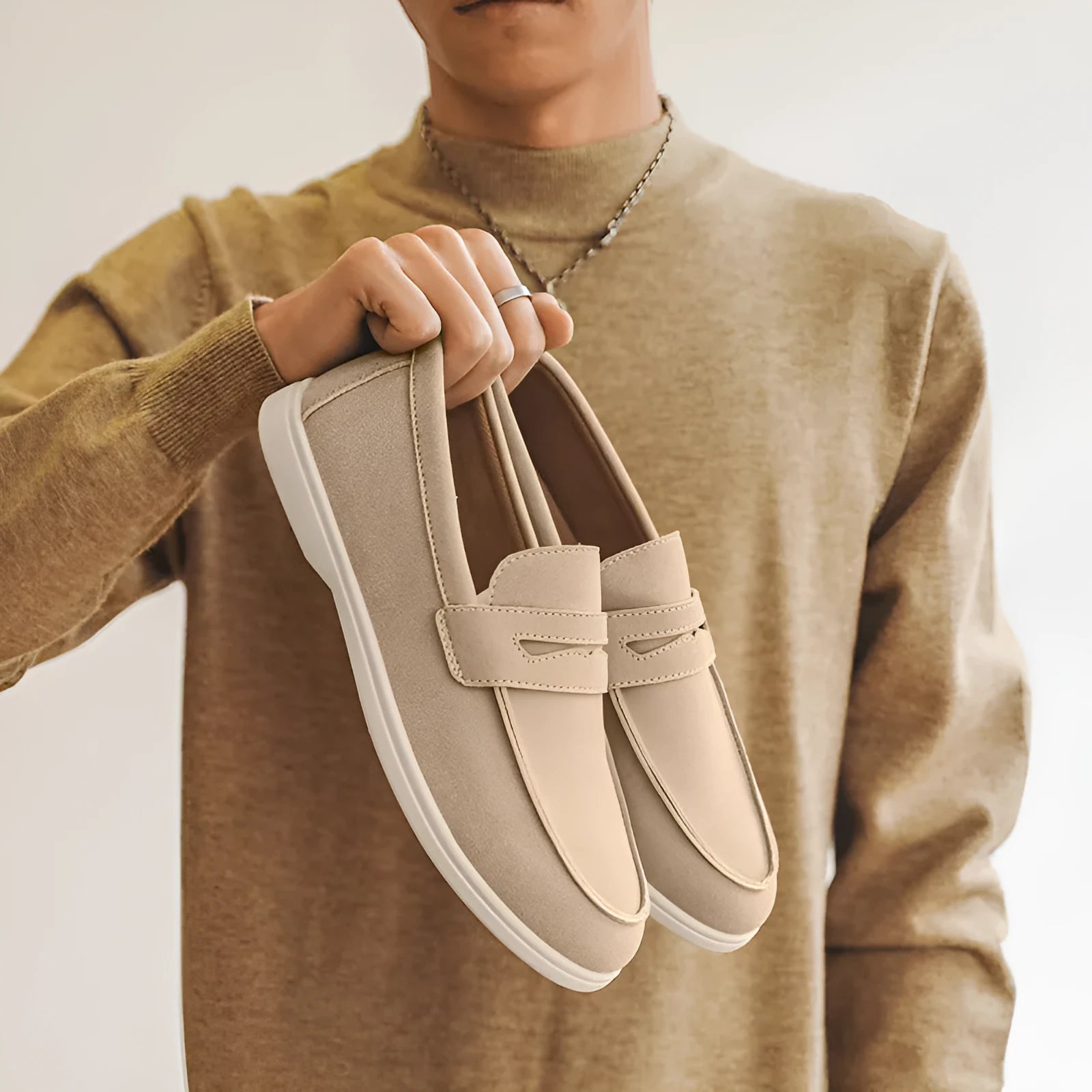 Men's suede casual shoes in beige, black, brown, or sky blue with a round toe and low flat heel.