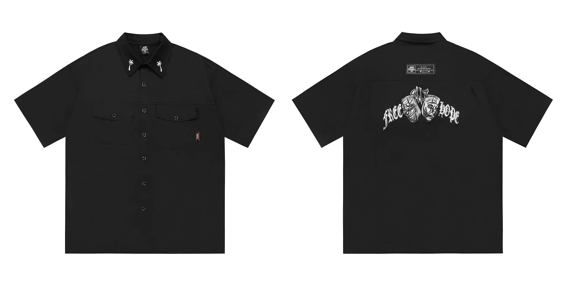 Men's black cotton blend work shirt with embroidery detailing and chest pocket