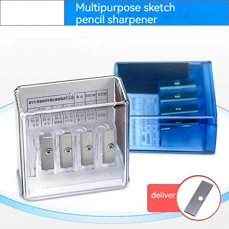 Four-hole pencil sharpener with geometric plastic design, four blades, and screwdriver for easy maintenance