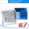 Four-hole pencil sharpener with geometric plastic design, four blades, and screwdriver for easy maintenance