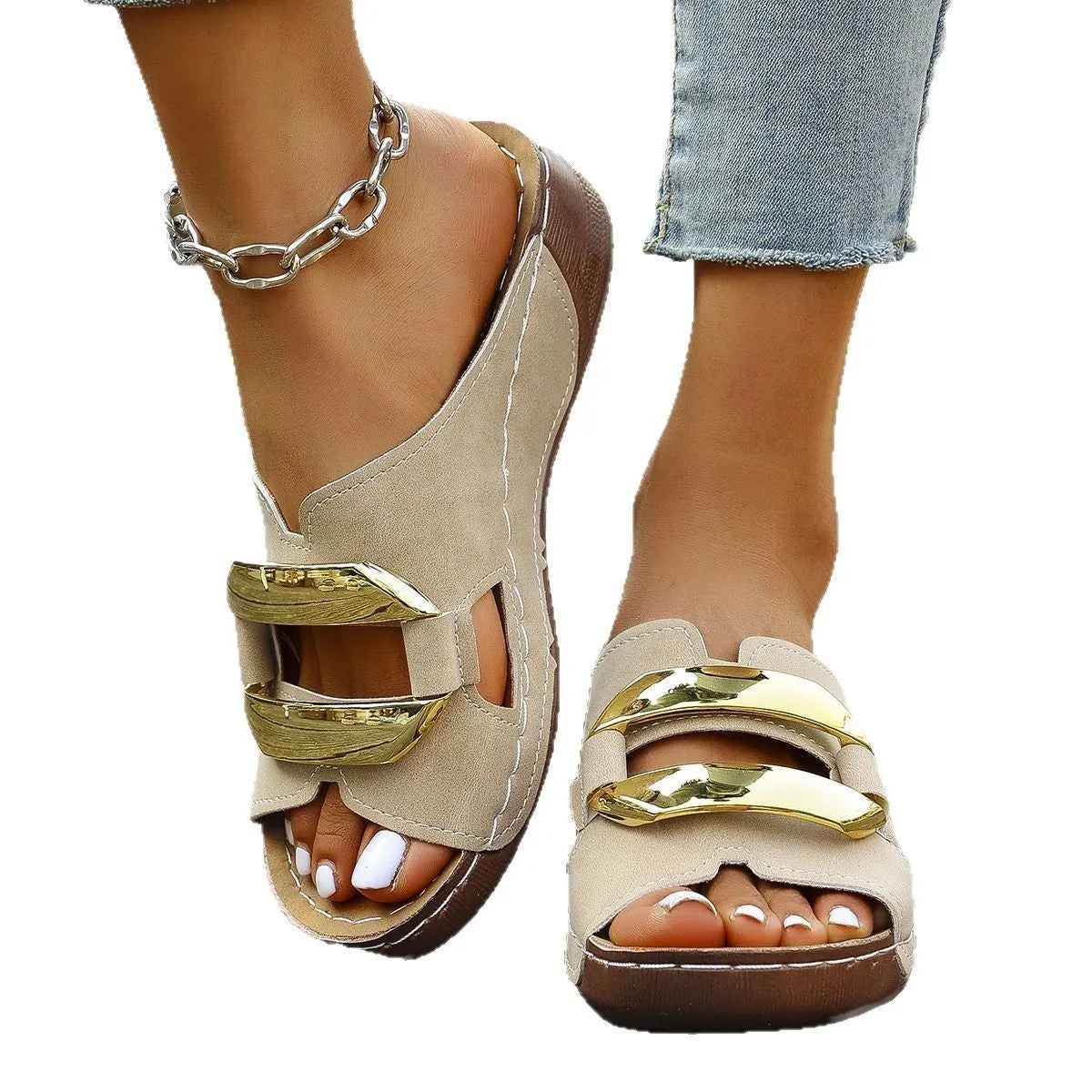 Roman-style platform flip-flops in sea blue with 2.5cm heel and metal decoration on artificial PU upper