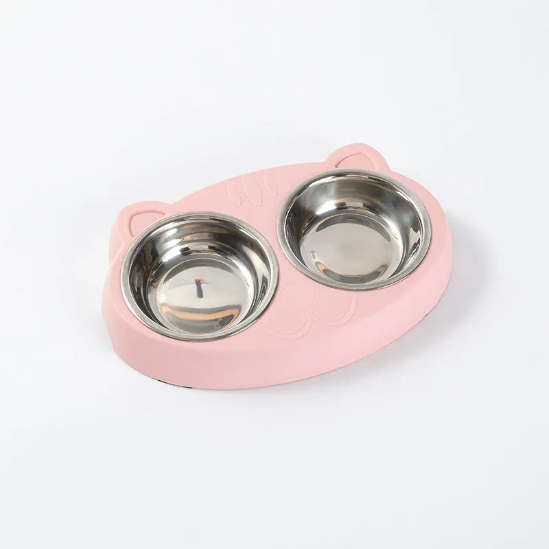 Blue plastic pet feeder with two bowls measuring 26.5cm by 17cm for food and water