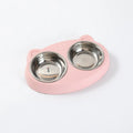 Blue plastic pet feeder with two bowls measuring 26.5cm by 17cm for food and water
