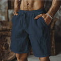 Men's straight-leg cotton linen beach shorts in grey, shown on a neutral background.