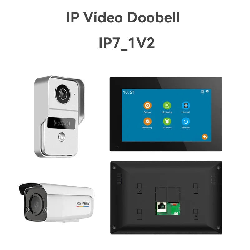 Video Intercom Doorbell 1v2 system showing 10-inch display unit and outdoor camera with installation components