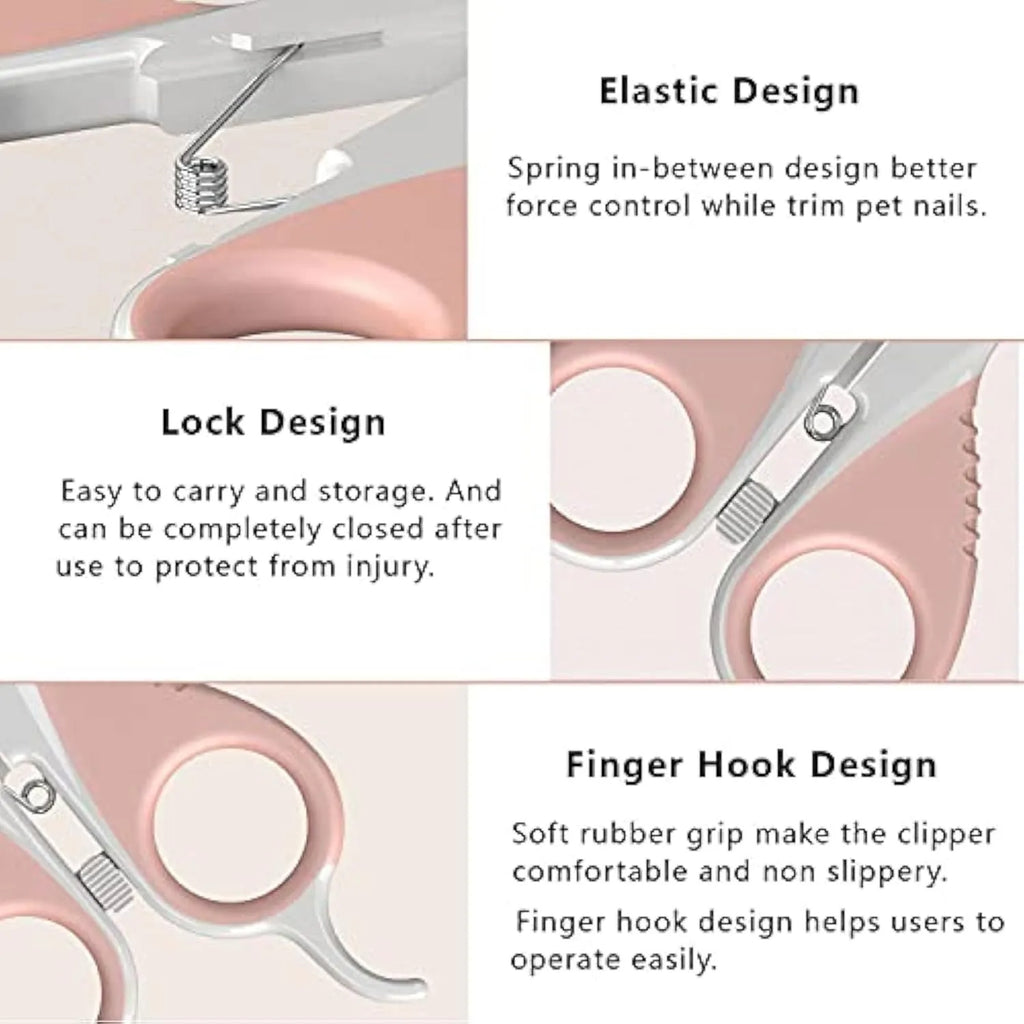 Grey and pink cat nail clippers with angled stainless steel blade and safety guard for pet grooming
