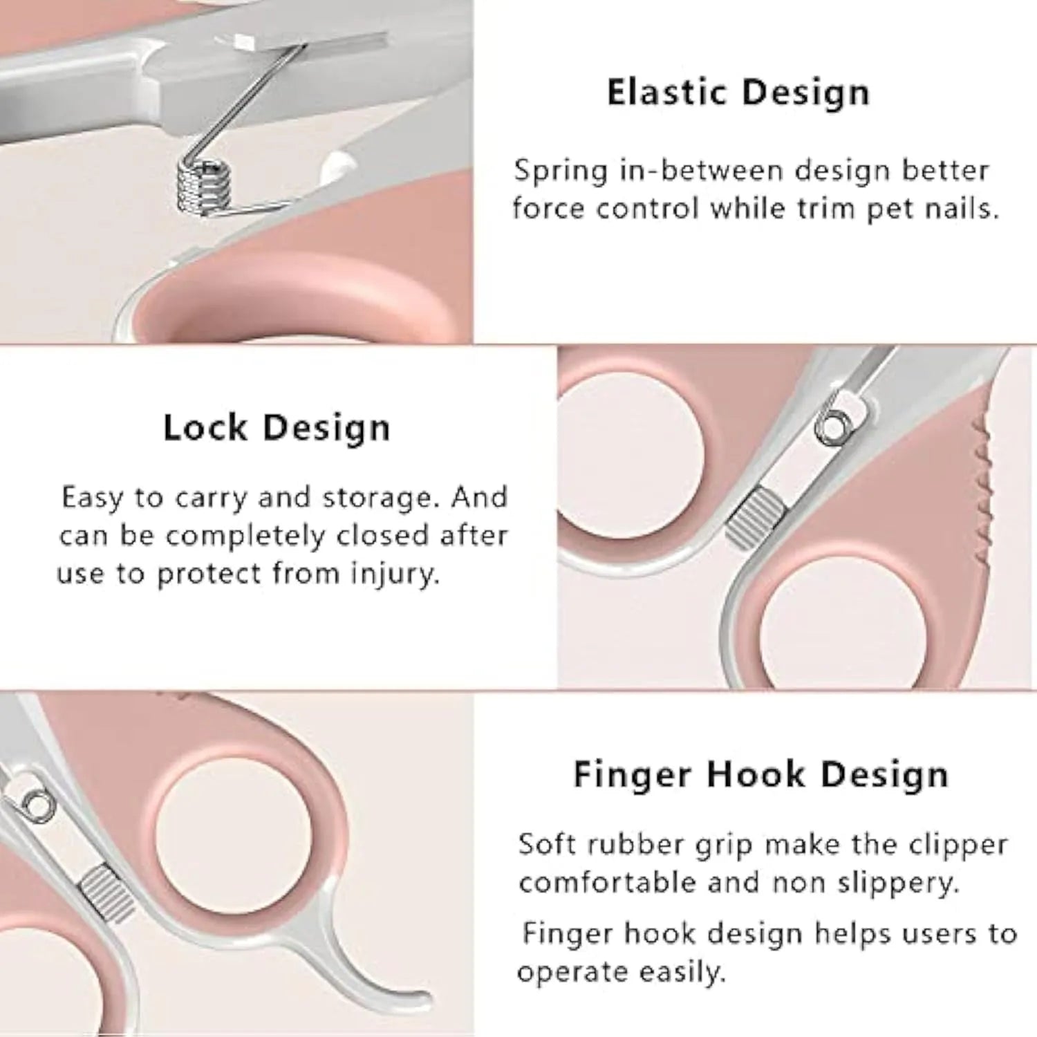 Grey and pink cat nail clippers with angled stainless steel blade and safety guard for pet grooming
