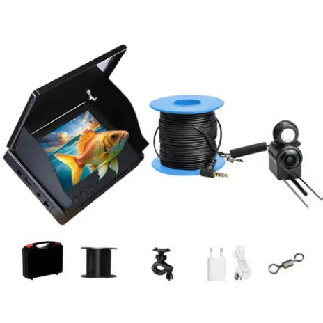 Fish finder underwater HD camera with 4.3-inch screen, wide angle lens, and temperature sensing on a fishing boat