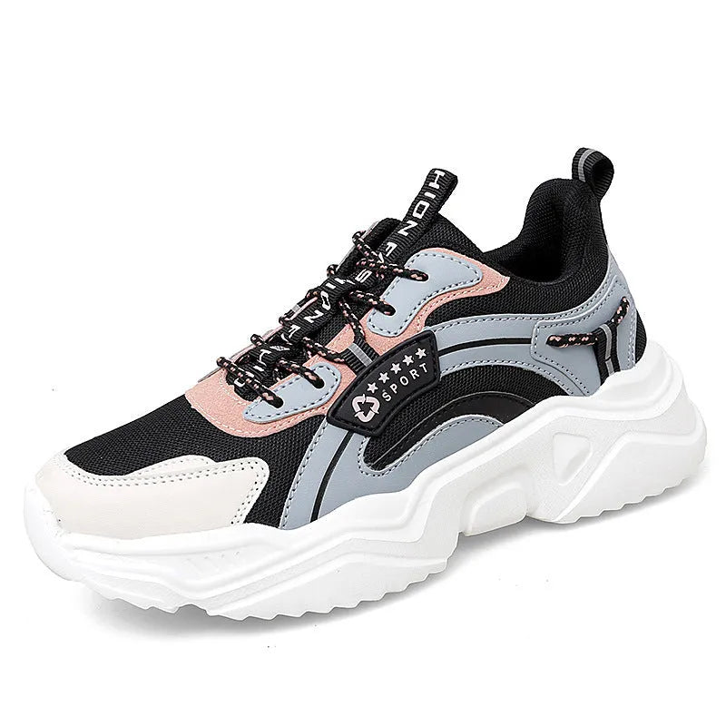 Women's white thick-soled casual sports shoes with mesh upper and 3-5cm mid-heel