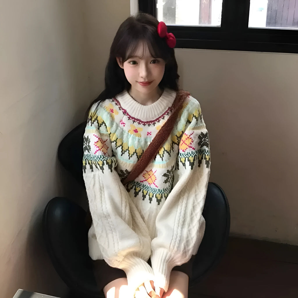 Women's milky white knitwear pullover with lantern sleeves and a loose fit.