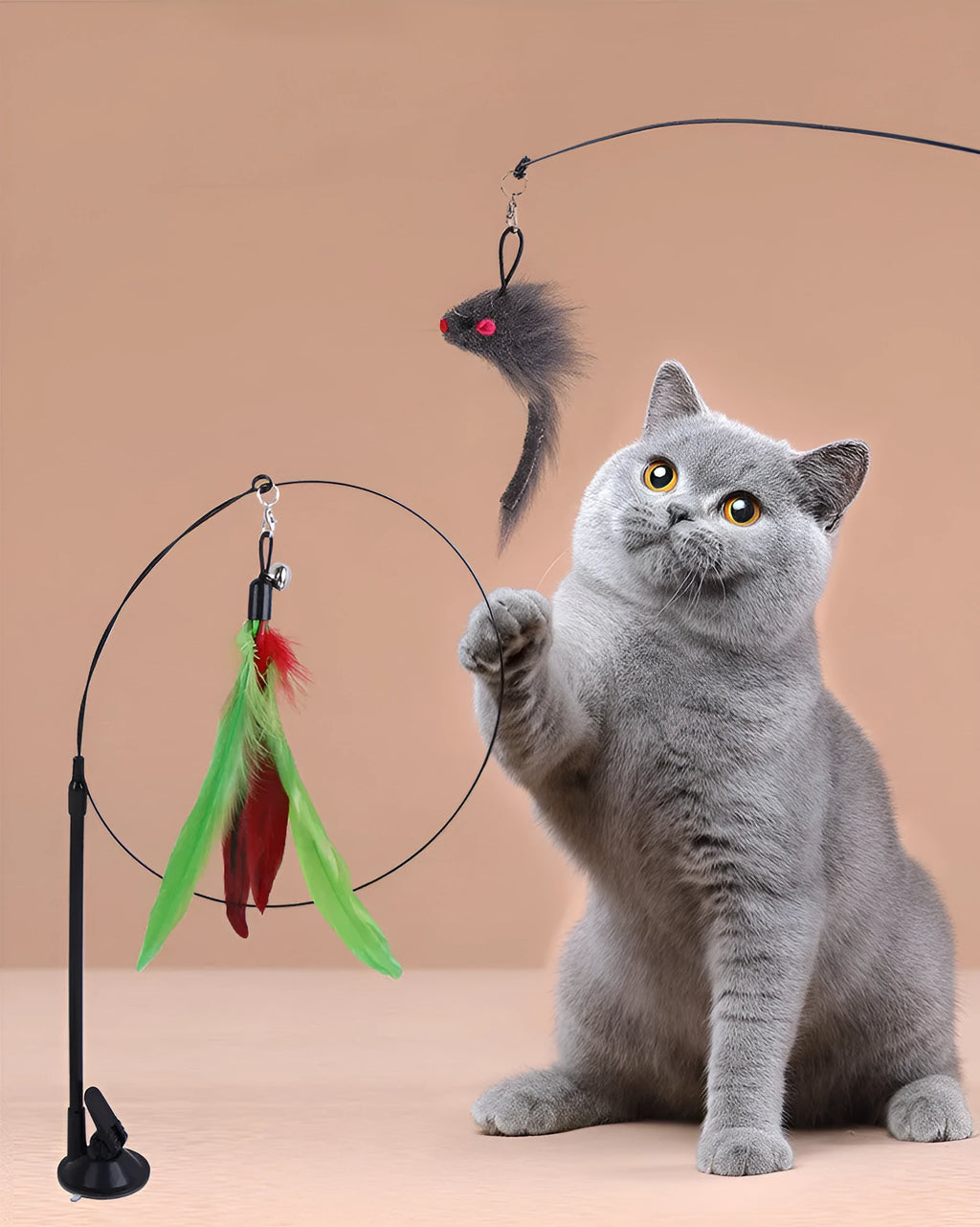 Sucker cat teaser toy with PP body, steel wire wand and replaceable multi-head in blue flying fish, grey strip, grey mouse and green feather options