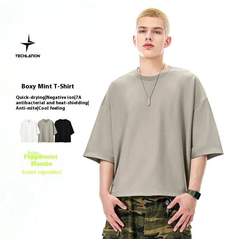 Men's black and sand grey quick-drying short sleeve casual shirt with loose fit