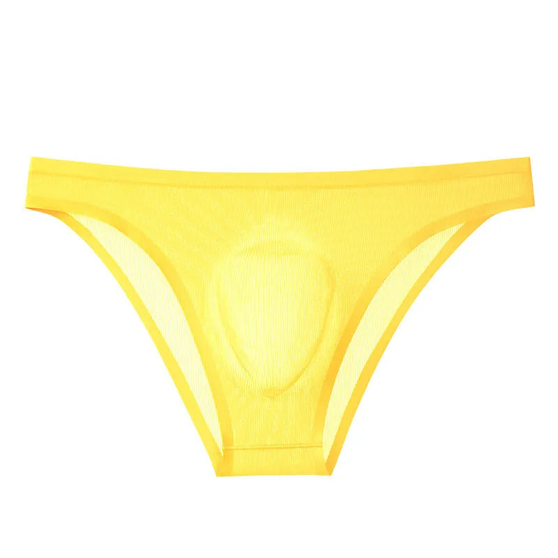 Men's black striped seamless ice silk underwear briefs laid flat, showing low waist and thin fabric.