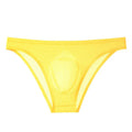 Men's black striped seamless ice silk underwear briefs laid flat, showing low waist and thin fabric.