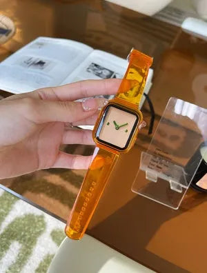 Brown transparent Apple Watch compatible replacement strap showing multiple colour options