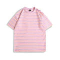 Loose fit striped colour short sleeve t-shirt with round neck collar on size chart